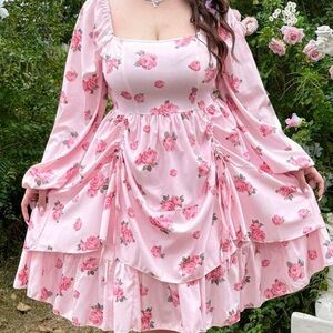 SHEIN Pink Tiered Ruffled Long Sleeve Dress